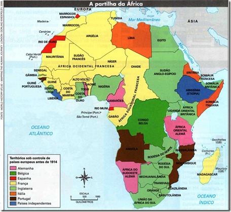 Mapa que representa o imperialismo na África