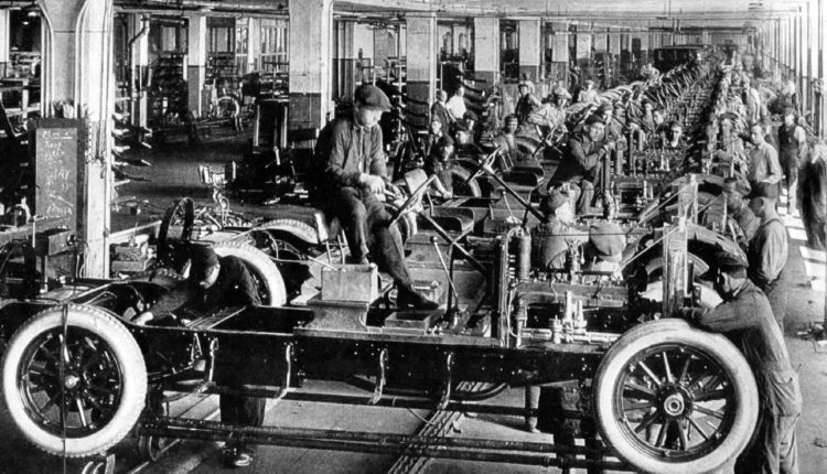 representação da produção fordista de carros
