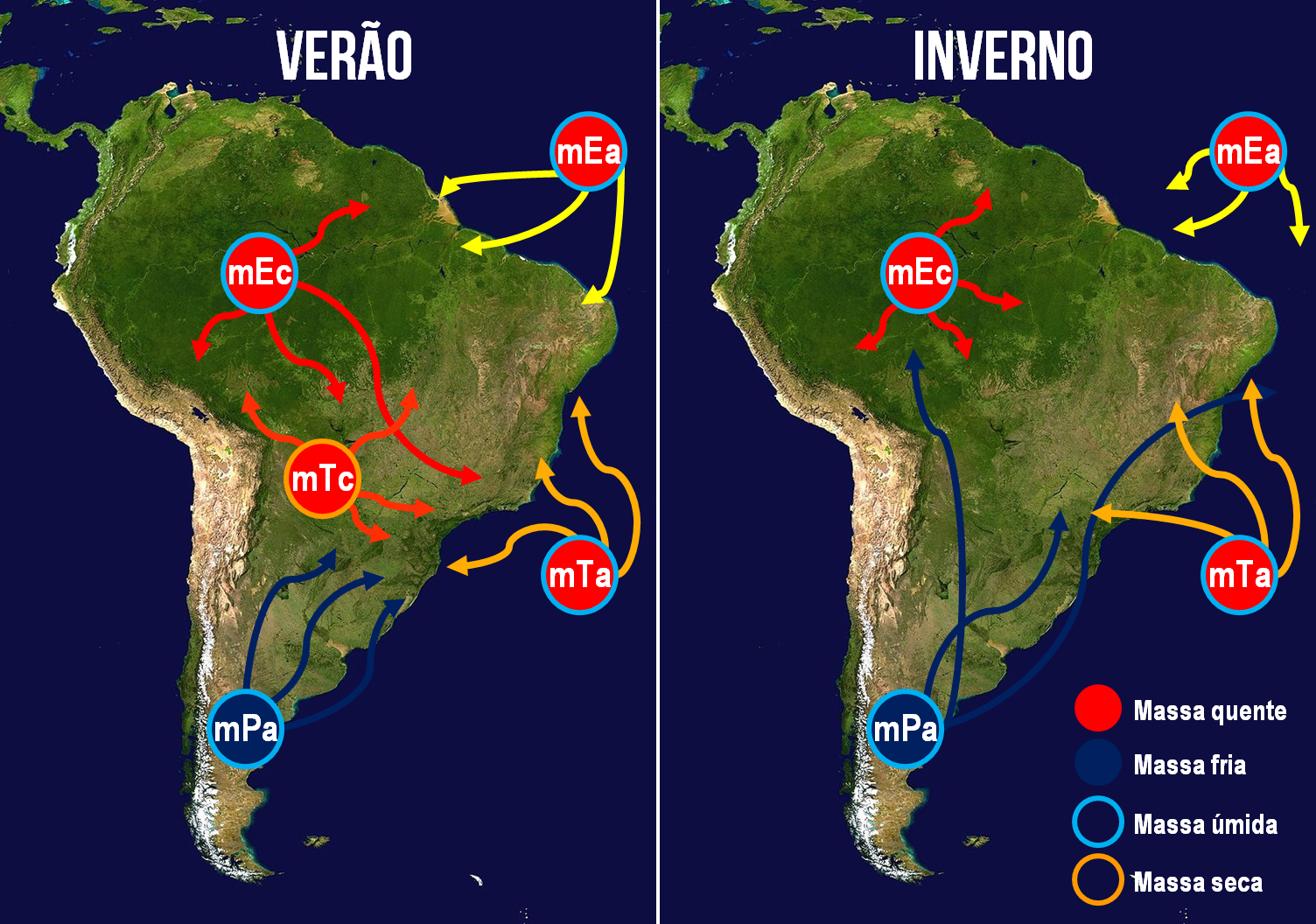 Quais são as massas de ar que atuam no Brasil?